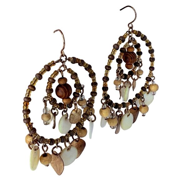Native Style Beaded Dreamcatcher Hoop Earrings Gold Tone Large Shell , 3.5" - Picture 3 of 9